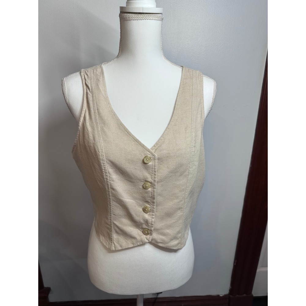 Hollister Womens Linen Blend Button Up Tailored Vest Beige Size L Waistcoat